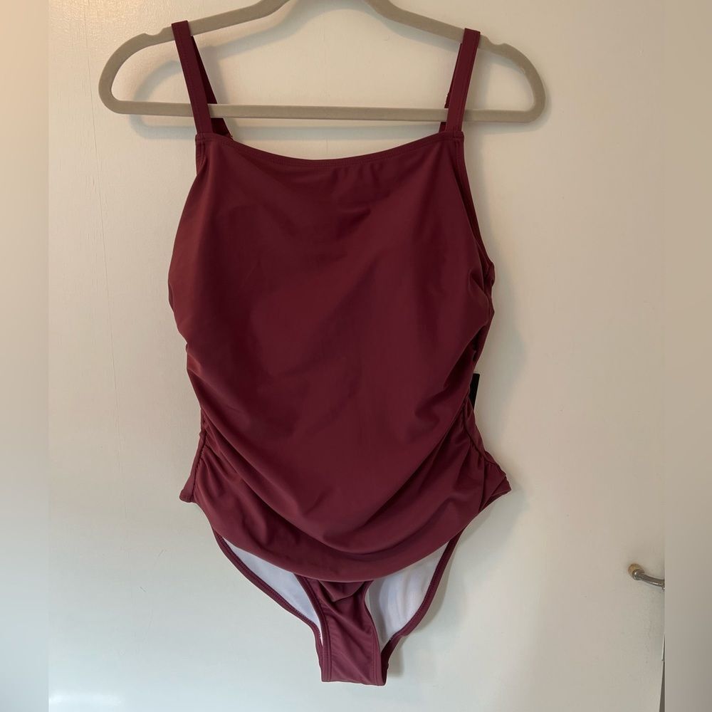 Catherine Malandrino full coverage one piece swimsuit with ruching on the sides